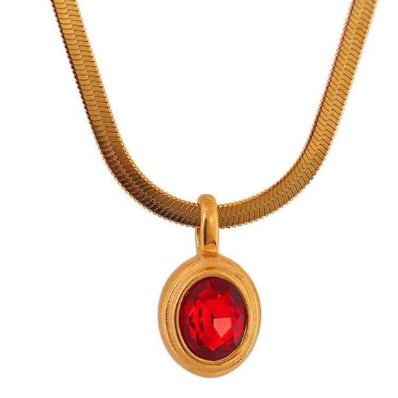 Gold Necklace with Red Gem Pendant M509 - Picture 2 of 4